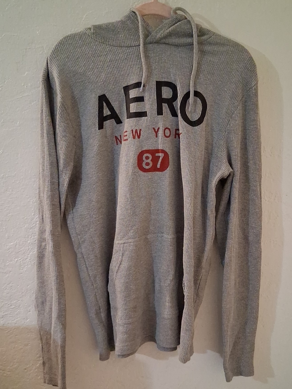 Aeropostale Gray Hooded Ribbed Pullover with Red Accent